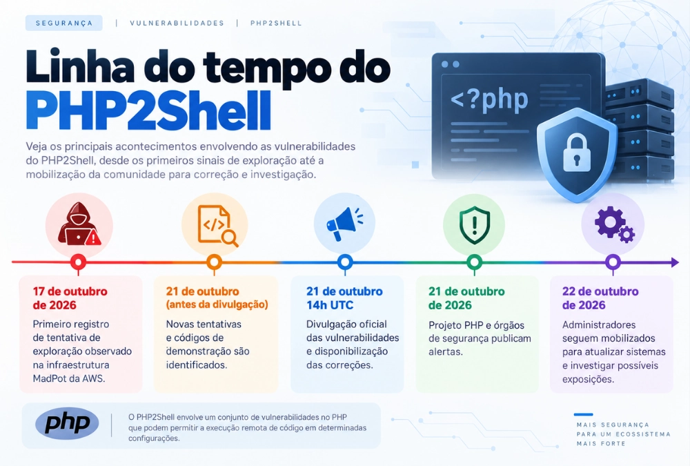 Linha do tempo das vulnerabilidades PHP2Shell, mostrando registros de tentativas de exploração em 17 de outubro e divulgação das correções em 21 de outubro de 2026.