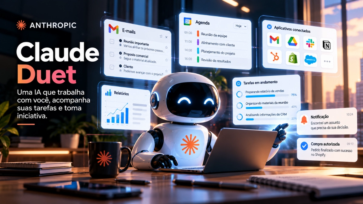 Ilustração do Claude Duet como assistente de inteligência artificial, organizando e-mails, agendas, relatórios e tarefas em aplicativos conectados.