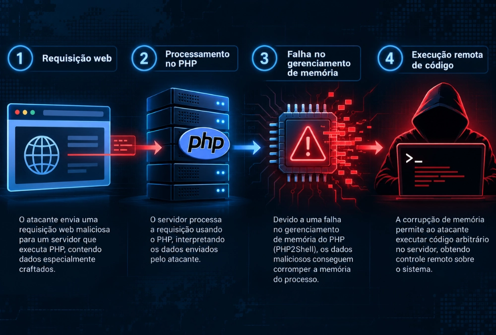 Infográfico com quatro etapas ilustrativas de um ataque PHP2Shell, desde a requisição web até a possível execução remota de código.