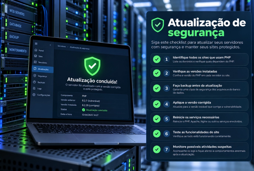 Infográfico com checklist de segurança para servidores PHP, incluindo backup, atualização, testes, reinicialização de serviços e monitoramento.