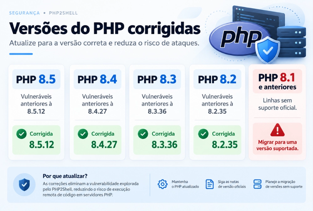 Infográfico com versões corrigidas do PHP para as vulnerabilidades PHP2Shell: 8.5.12, 8.4.27, 8.3.36 e 8.2.35.