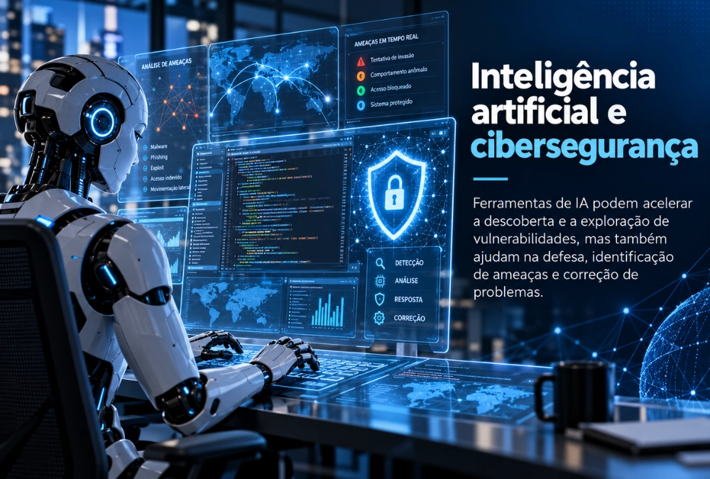 Ilustração de inteligência artificial analisando códigos e ameaças digitais em painéis de monitoramento de cibersegurança.